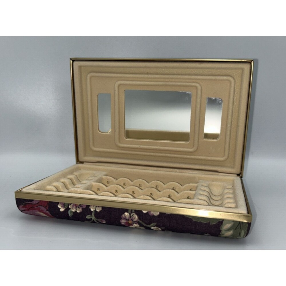 Vintage Travel Jewelry Box Clamshell Hard Case Purple Floral Gold Rings Earrings